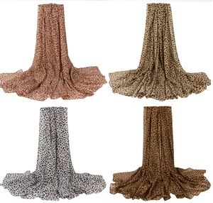Detailed grid view of thin leopard print scarves in red, beige, gray, and brown tones