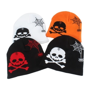 Hip hop knit beanie set with skull and spider web patterns in black white and orange