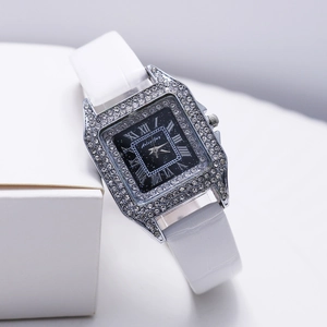 Damen Quarz-Armbanduhr quadratisch mit Kristallen, Sternenzifferblatt und Lederband