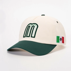 Off-white and green baseball cap with embroidered M and Mexico flag patch