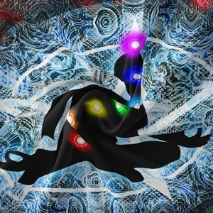 Detailed close-up of Infinity Stones design on black fabric with mandala backdrop