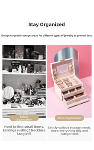 Multi-layer jewelry box with mirror and drawers comparing messy vs organized vanity