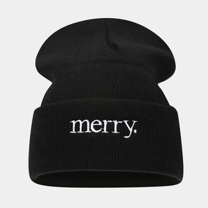 Classic black knitted beanie hat with white merry embroidery for men and women