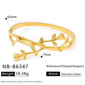 Close-up of golden stainless steel rose flower bracelet with product specifications