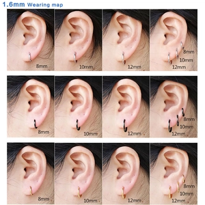 Size comparison chart of 1.6mm stainless steel hoop earrings in 8mm, 10mm, and 12mm