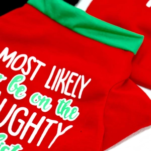 Detail of red Christmas dog T-shirt with green trim and holiday slogan printing