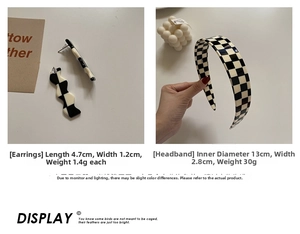 Detail of checkered pattern resin hair hoop and matching wavy stud earrings set