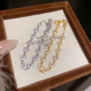 Elegant 18K gold plated circle link bracelets featuring sparkling pink and white zircons for women