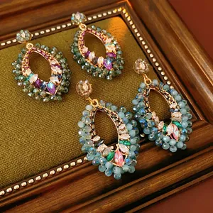 Boucles D'oreilles Bohèmes Avec Zircons Colorés Perles De Verre Bijoux En Alliage Style Ethnique Vintage Femmes Tige En Argent