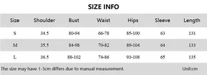 Detailed size chart for the slim fit V-neck long sleeve dress including body measurements