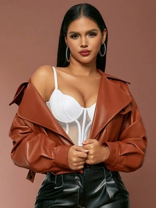Giacca In Pelle PU Da Donna Corta Crop Top Tinta Unita Revers Cerniera Maniche Lunghe Vestibilità Aderente Stile Moto Biker