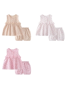 Floral print baby girl cotton sleeveless top and bloomers set in three soft colors