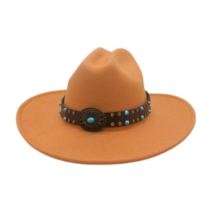 Vintage wide brim wool felt jazz fedora hat in caramel with boho turquoise belt
