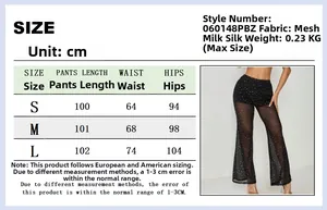 Detailed size chart for mesh flare trousers including length, waist, and hip measurements