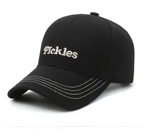 Side view of black cotton baseball cap with white Pickles 3D embroidery detail