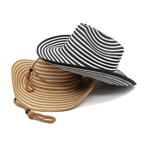Two-tone woven straw beach hats with adjustable wind ropes for summer outdoor sun protection