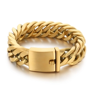 18mm wide golden stainless steel Cuban link bracelet for men with frosted finish