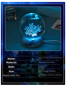 Detail of crystal ball night light with coral interior and astronaut relief base