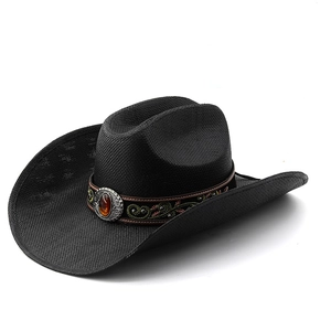 Classic black western cowboy hat featuring ethnic embroidery and amber gemstone buckle