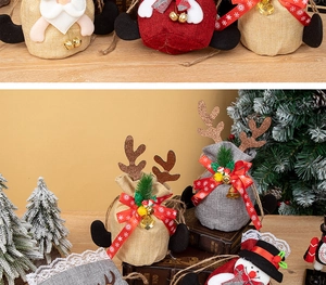Festive Christmas gift bags with Santa, snowman and reindeer motifs with bells