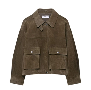 Women's brown suede-textured utility jacket with lapel collar and large pockets