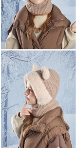 Detail of warm brown knit hat with cute bear ears and soft faux fur lining for kids