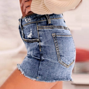 Pantalones cortos vaqueros azules de cintura alta para mujer con flecos y rotos