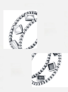 Detailed view of S925 sterling silver ring with geometric diamond-shaped bead chain design