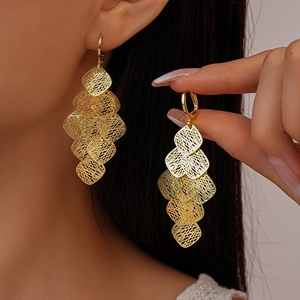 Geometric Rhombus Hollow Mesh Tiered Tassel Drop Earrings Brass Plated Gold Silver Vintage Layered Statement For Women
