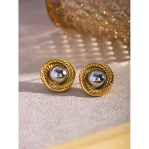 Two-tone 18k gold plated twisted frame earrings with polished silver metal sphere