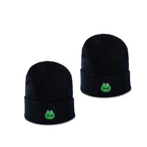 Chic knit beanie hats in black with cute green frog head embroidery for winter warmth