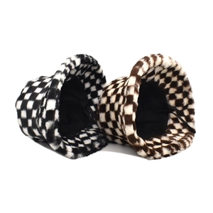 Women winter plush checkered bucket hat set in black, white, and brown faux fur texture