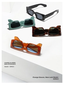 Detailed display of square Y2K sunglasses in black, mint, tortoiseshell, and orange frames