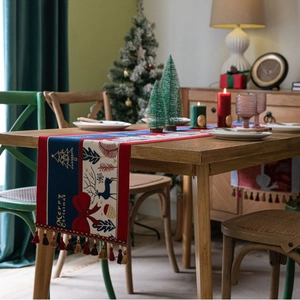 Christmas Table Runner Jacquard Cotton Linen Reindeer Santa Claus Pattern With Tassels Festive Holiday Dining Decor