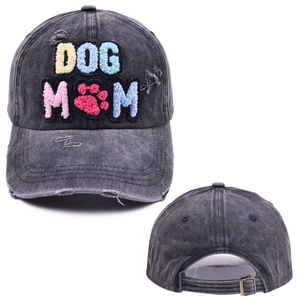 Casquette de baseball noire délavée avec broderie DOG MOM en chenille colorée vive
