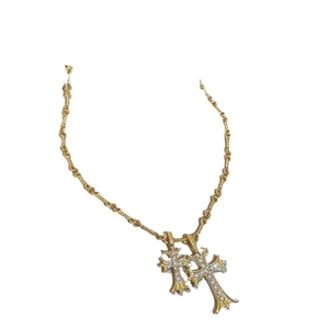 Gold plated double cross pendant necklace with sparkling zircon stones for women