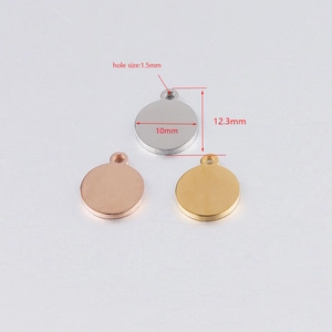 Detailed view of 10mm round metal charms in silver, gold, and rose gold with dimensions
