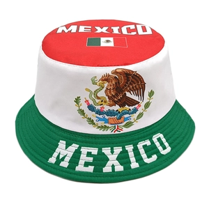 Detail of Mexico flag bucket hat featuring national emblem and stitched Mexico text