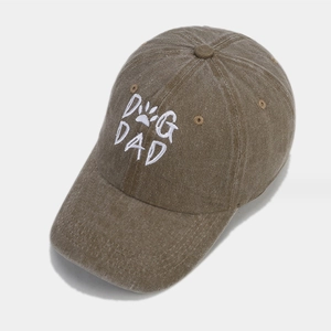 Vintage coffee brown washed cotton baseball cap with white DOG DAD embroidery and paw print