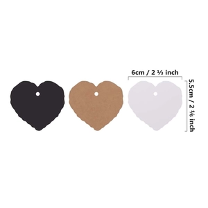 Size specifications for heart-shaped paper gift tags in black, kraft, and white colors