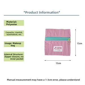 Detail view of 15x15cm pink polyester makeup bag with blue zipper and size dimensions