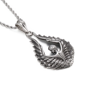 Retro titanium steel angel wings pendant necklace with detailed rock style casting