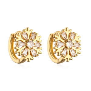 Elegant gold-plated snowflake hoop earrings with clear zircon crystals on white background