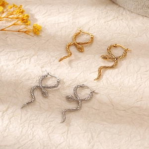 Détail de boucles d'oreilles serpent dorées et argentées sur papier avec fleurs séchées