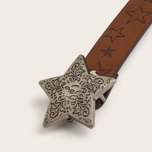 Brown leather belt featuring a silver engraved star buckle and star embossed patterns