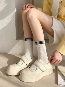 Detail of beige striped knee-high socks paired with cream Mary Jane platform shoes