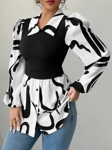 Women's elegant patchwork vest shirt with abstract print and puff sleeves in black and white