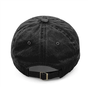Detail view of the washed cotton baseball cap with adjustable bronze metal buckle strap
