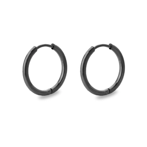 Polished black stainless steel hoop earrings pair shown on a clean white background