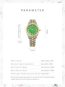 Detailed size chart showing 42mm dial diameter and 20mm band width for quartz watch